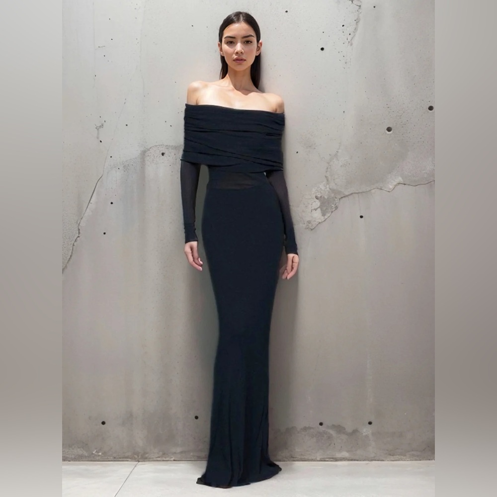Overfold Off-Shoulder Mesh Long Sleeve Long‎ Dress